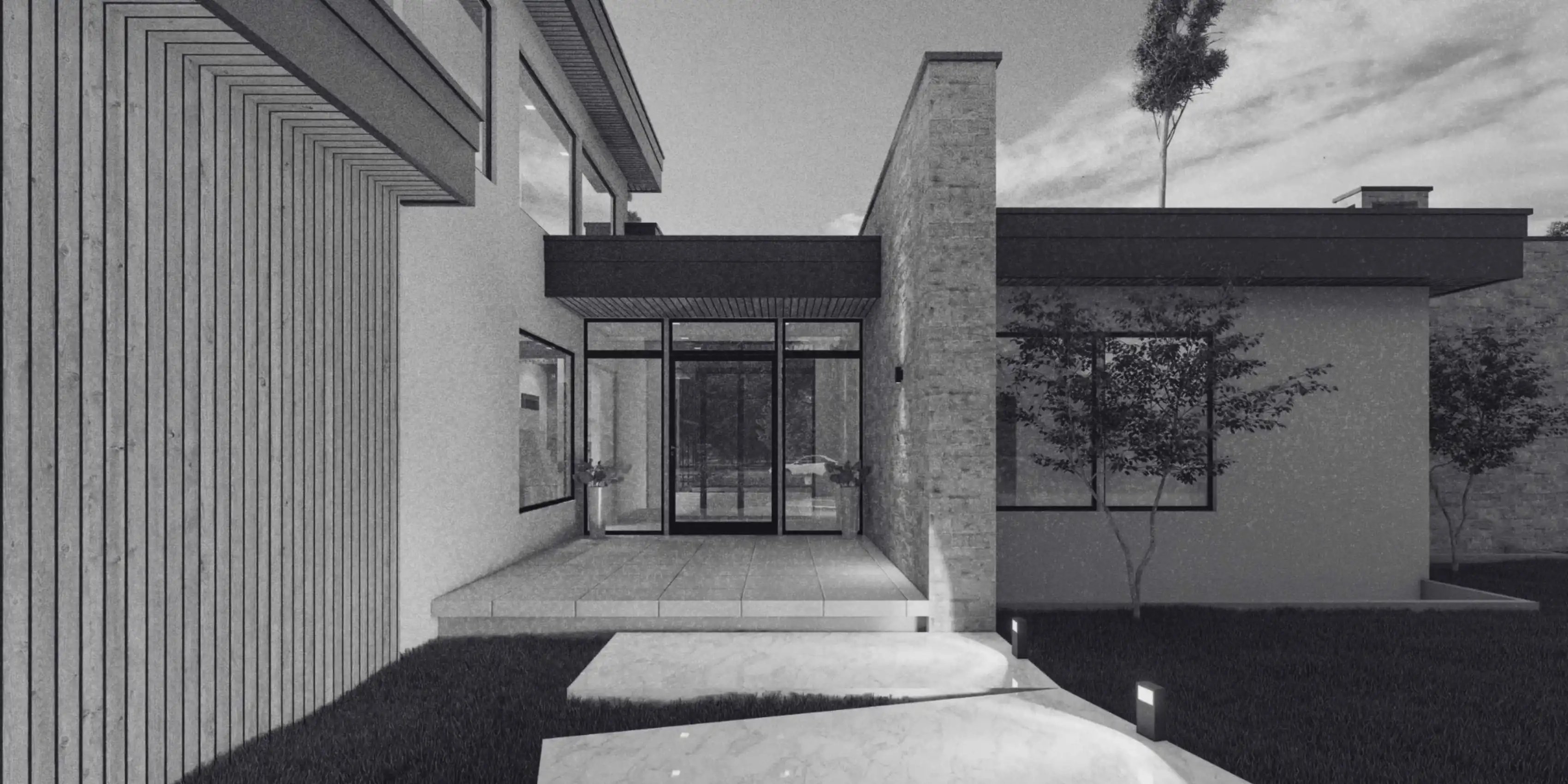 Architectural rendering of a custom home exterior with stone accents, large windows, and a covered entry opt