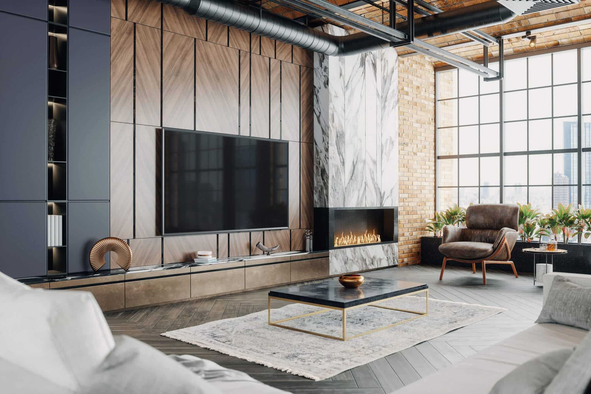 modern living room with warehouse aesthetic floor to ceiling black paned windows and wooden tv backdrop