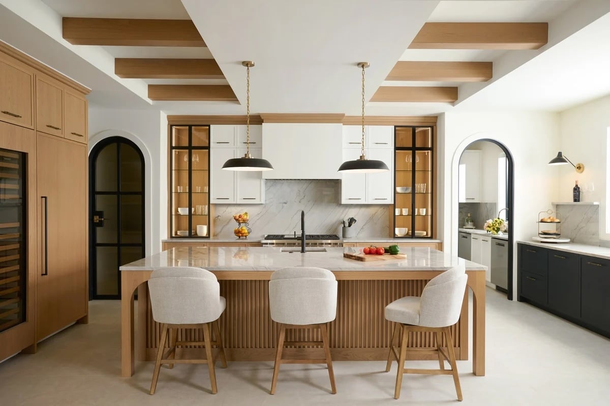 Contemporary kitchen remodel with wood ceiling beams and open shelving by DesignLab in the Washington, D.C. Metro