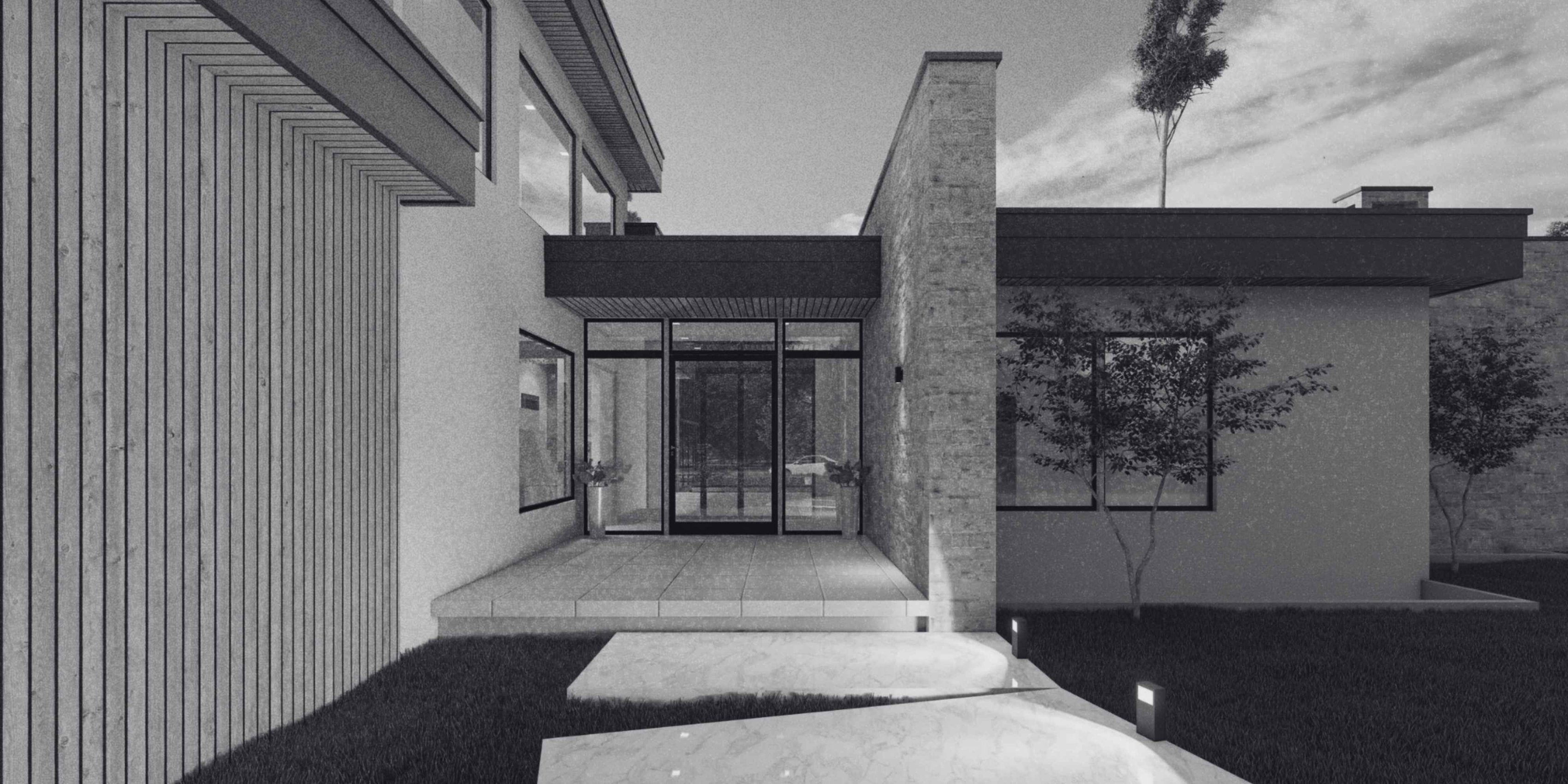 Architectural rendering of a custom home exterior with stone accents, large windows, and a covered entry.